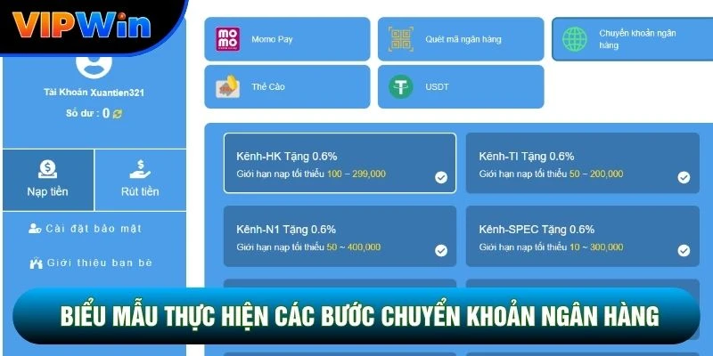 Biểu mẫu thực hiện các bước chuyển khoản ngân hàng